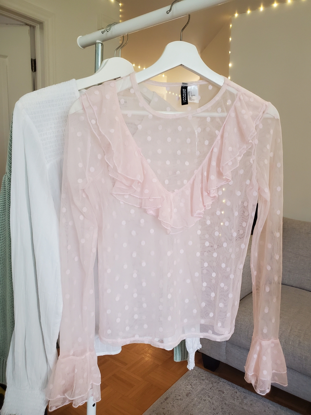 H&M Pale Pink Sheer Ruffle V-Neck Blouse